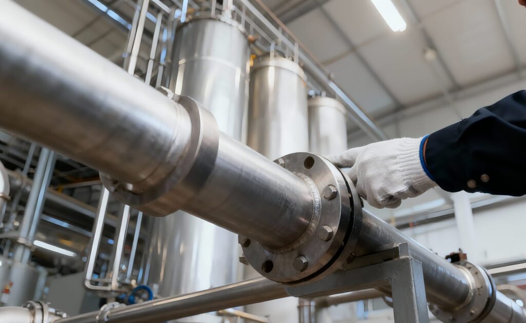 特定工作物の1つである配管設備を点検している様子