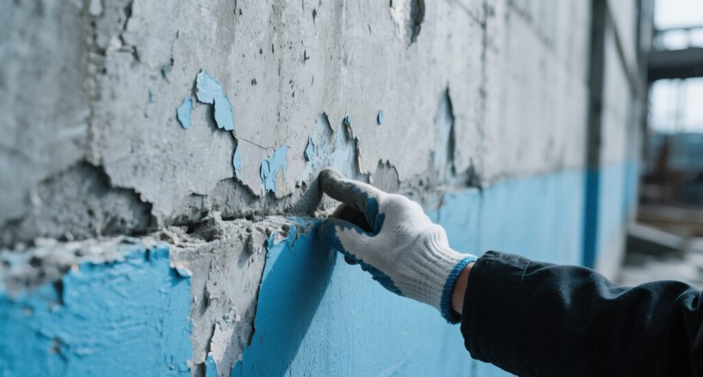 アスベスト事前調査対象の建材かどうか確認している作業状況